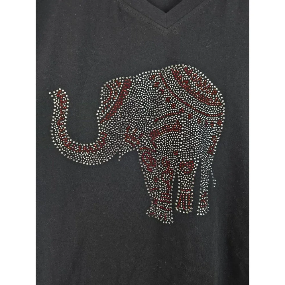 Rhinestone Elephant Women's Shirt Size 2XL Black Embellished Short Sleeve Top